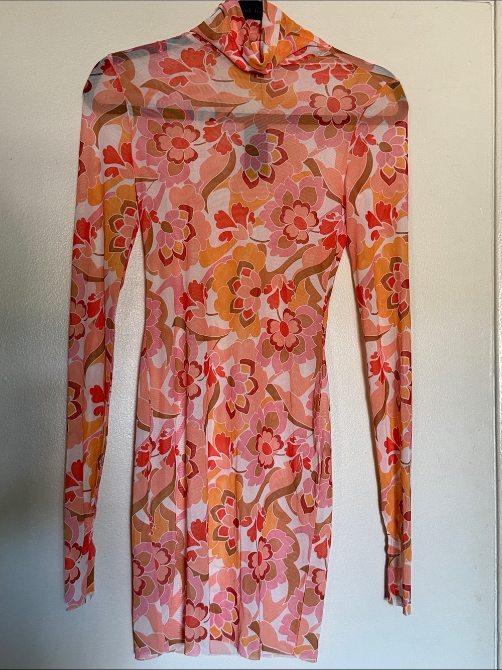 AFRM XS Turtleneck Pink and Coral Floral Mesh Dress w/ Thumbholes on sleeve